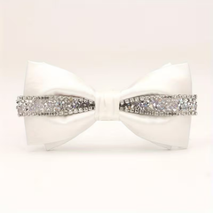 Luxury White Satin Rhinestone Bow Tie
