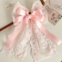 Large Pink Dovetail Lace Bow with Satin Ribbon