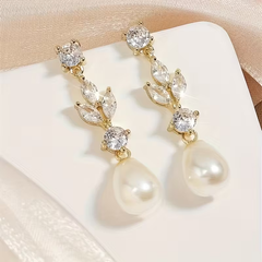 Pearl Drop Earrings with Crystal Accents – Gold Tone