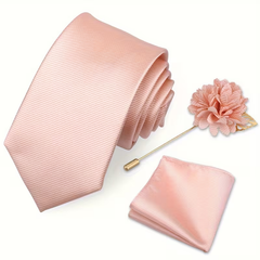 Men’s Champagne Satin Tie Set with Pocket Square & Lapel Flower