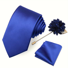Men’s Royal Blue Satin Tie Set with Pocket Square & Lapel Flower