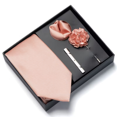 Men’s Blush Pink Satin Tie Gift Set with Pocket Square, Lapel Flower & Tie Clip