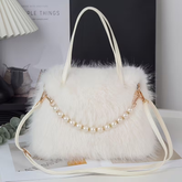 Luxury White Faux Fur Handbag with Pearl Chain