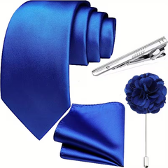 Men’s Royal Blue Tie Set with Tie Clip, Pocket Square & Lapel Flower