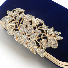 Navy Blue Velvet Crystal Evening Clutch with Gold Floral Detail