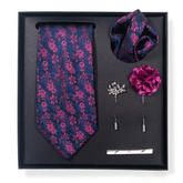 Navy Pink Floral Necktie with Accessories