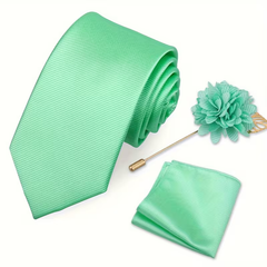 Men’s Mint Green Tie Set with Pocket Square & Lapel Flower