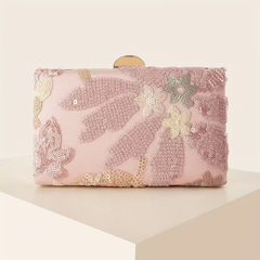 Blush Pink Sequin Floral Evening Clutch Bag