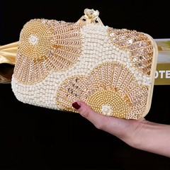 Luxury Pearl & Gold Floral Beaded Evening Clutch