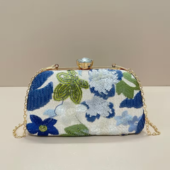 Blue Floral Embroidered Evening Clutch