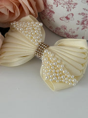Pearl-Embellished Ivory Bow Hair Clip