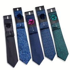 Men’s Navy Blue Floral Tie Set with Pocket Square, Lapel Flower & Tie Pin – Luxury Patterned Formal Accessories