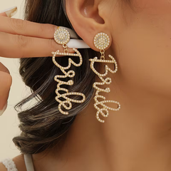 Golden Rhinestone “Bride” Statement Earrings