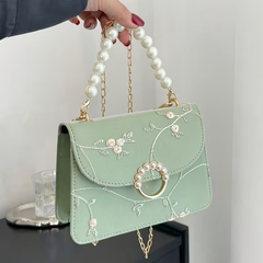 Mint Green Floral Embroidered Handbag with Pearl Handle