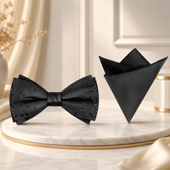 Black Rhinestone Bow Tie & Pocket Square Set