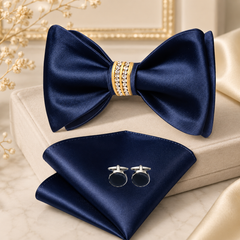Navy Blue Bow Tie Set with Crystal Ring
