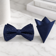 Rhinestone Navy Blue Satin Bow Tie & Pocket Square Set