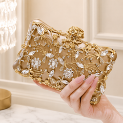 Golden Rhinestone Crystal Floral Evening Clutch