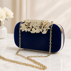 Navy Blue Velvet Crystal Evening Clutch with Gold Floral Detail