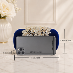 Navy Blue Velvet Crystal Evening Clutch with Gold Floral Detail