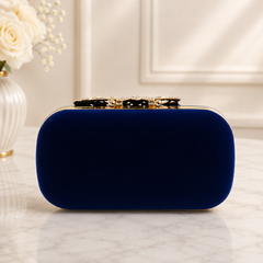 Navy Blue Velvet Crystal Evening Clutch with Gold Floral Detail