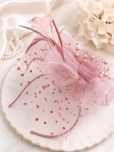 Elegant Light Pink Fascinator Headband with Pearls & Feathers