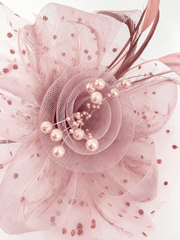 Elegant Light Pink Fascinator Headband with Pearls & Feathers