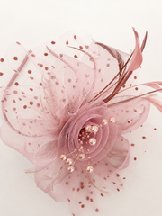 Elegant Light Pink Fascinator Headband with Pearls & Feathers