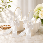 2PCS White Satin Flower Girl Basket Set with Pearl Handle & Elegant Bow