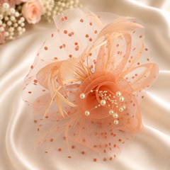 Peach Fascinator Headband with Pearls & Feathers