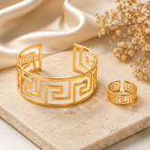 Elegant Gold-Tone Greek Key Bracelet & Ring Set