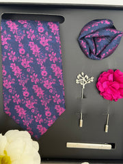 Navy Pink Floral Necktie with Accessories