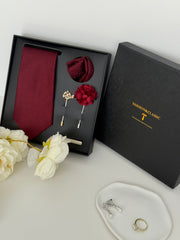 Burgundy Luxury Tie Gift Set – Necktie, Pocket Square, Lapel Pin & Tie Clip