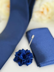 Men’s Royal Blue Tie Set with Tie Clip, Pocket Square & Lapel Flower