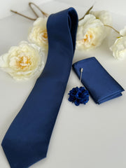 Men’s Royal Blue Tie Set with Tie Clip, Pocket Square & Lapel Flower
