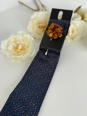 Men’s Navy Patterned Tie Set with Pocket Square & Lapel Flower