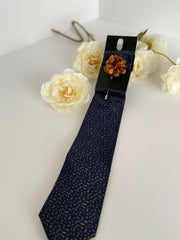 Men’s Navy Patterned Tie Set with Pocket Square & Lapel Flower