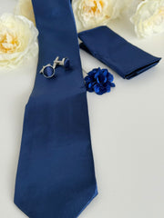 Men’s Navy Blue Tie Set with Cufflinks, Pocket Square & Lapel Flower
