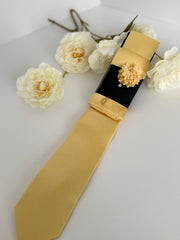 Men’s Yellow Satin Tie Set with Pocket Square & Lapel Flower