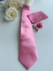 Men’s Pink Satin Tie Set with Pocket Square, Lapel Flower & Cufflinks