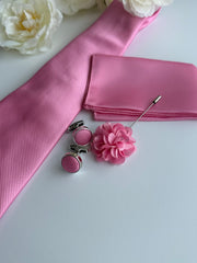 Men’s Pink Satin Tie Set with Pocket Square, Lapel Flower & Cufflinks