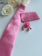 Men’s Pink Satin Tie Set with Pocket Square, Lapel Flower & Cufflinks