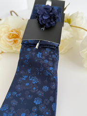 Men’s Navy Blue Floral Tie Set with Pocket Square, Lapel Flower & Tie Pin – Luxury Patterned Formal Accessories