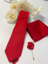 Men’s Red Satin Tie Set with Pocket Square & Rose Lapel Pin