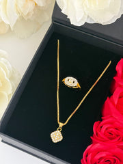 Gold Tone Square Pendant Necklace & Ring Jewelry Gift Set
