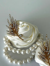Luxury Ivory Satin Rose Wrist Corsage & Matching Rhinestone Lapel Pin Set