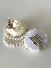 Luxury Ivory Satin Rose Wrist Corsage & Matching Rhinestone Lapel Pin Set