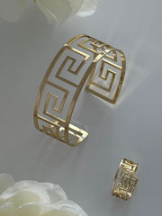 Elegant Gold-Tone Greek Key Bracelet & Ring Set