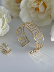 Elegant Gold-Tone Greek Key Bracelet & Ring Set