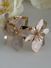Elegant Gold-Tone White Floral Cuff Bracelet